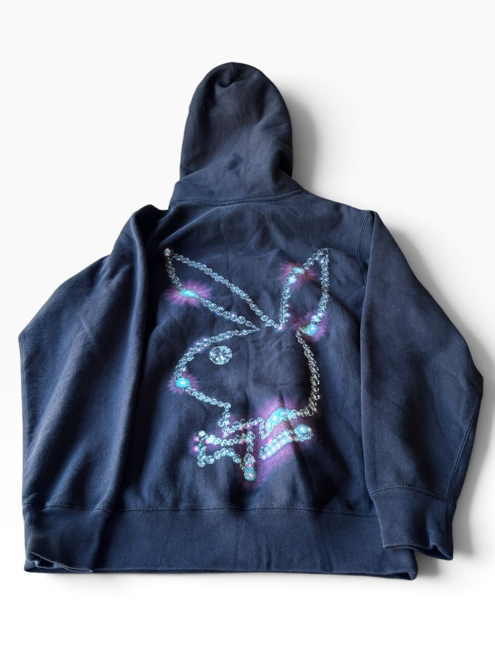 PLAYBOY Pleasures Black Hoodie w/ Iridescent Blue-Purple Bunny. Men's Large